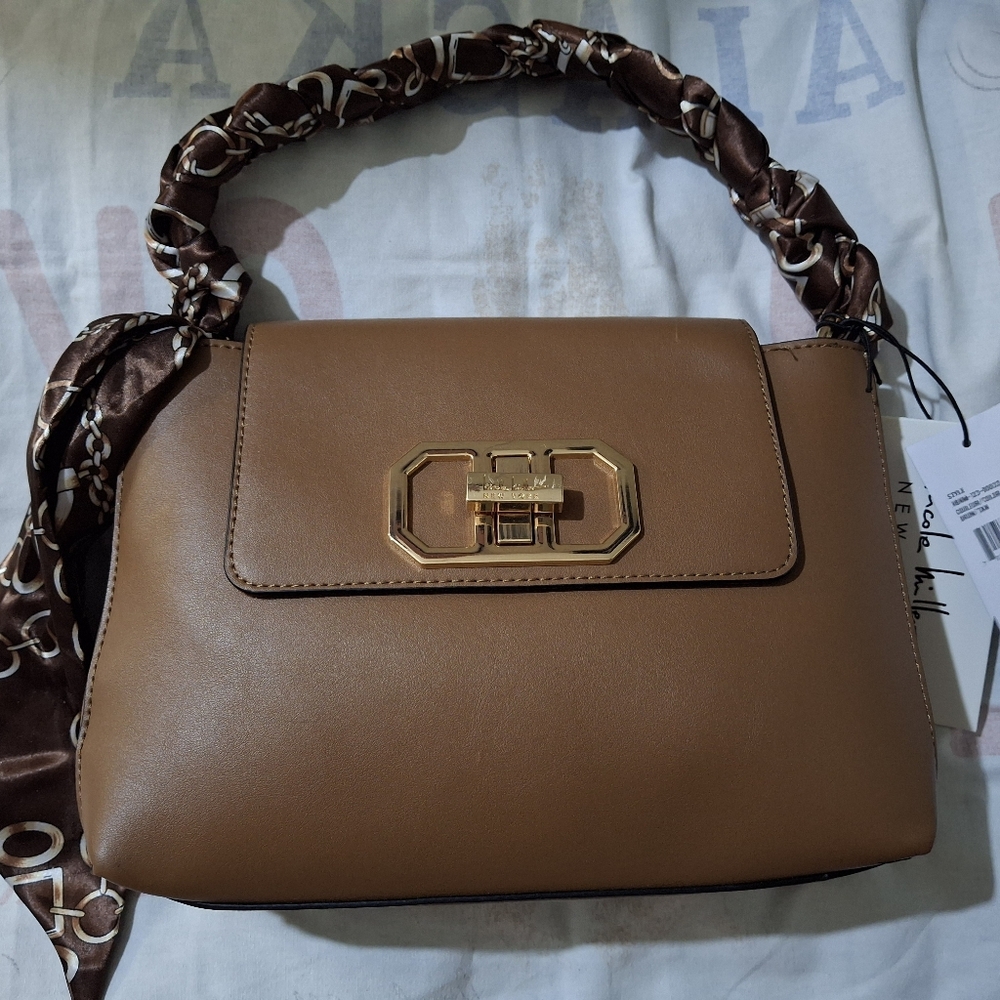 Nicole Miller Brown Scarf  Leather Handbag with Gold Accent